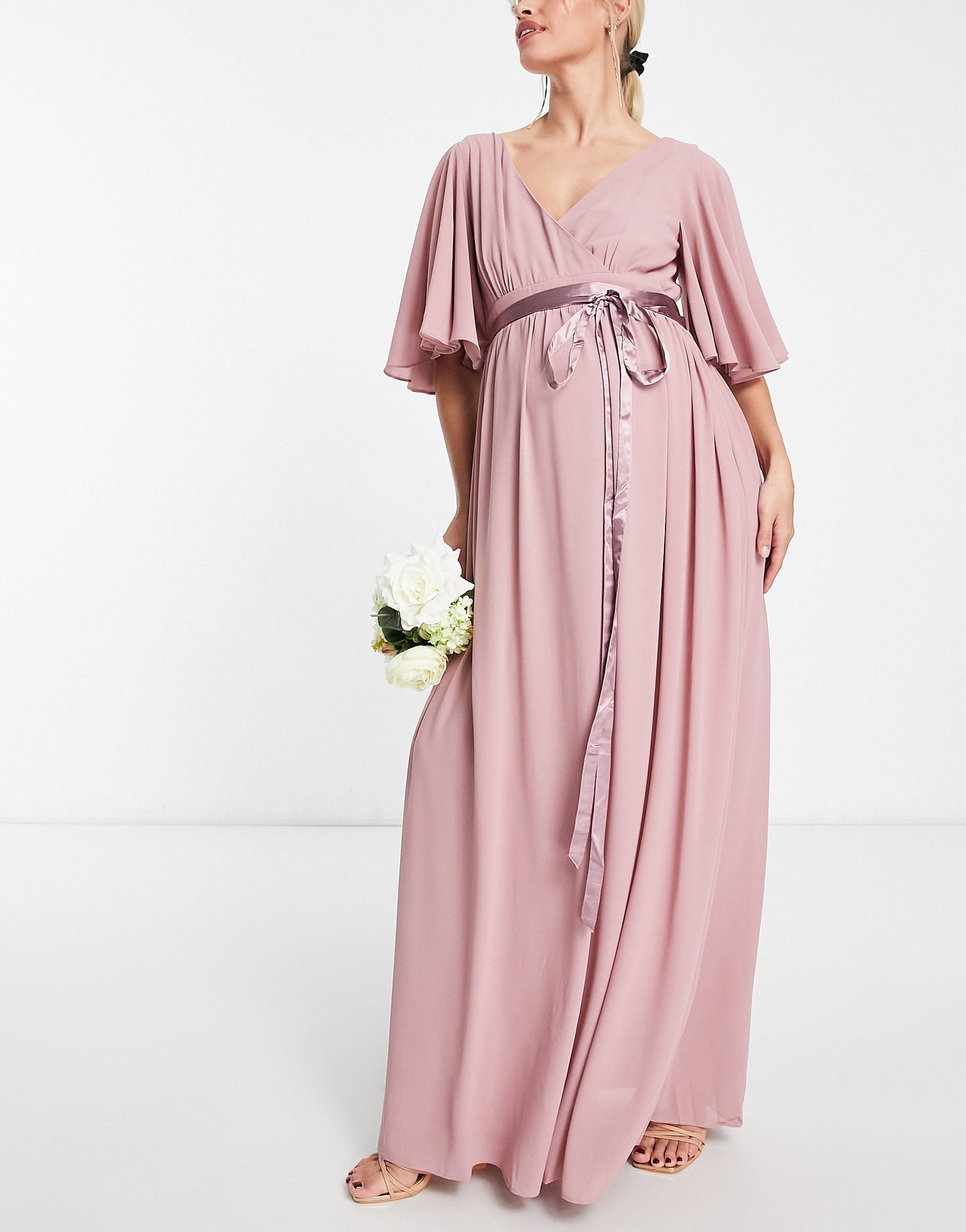 TFNC Materity Bridesmaid kimono sleeve pleated maxi dress with angel s ASOS Sample Sale