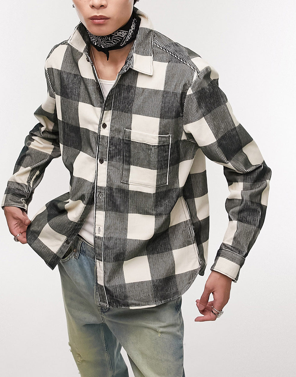 Topman long sleeve regular fit cord buffalo check shirt in khaki