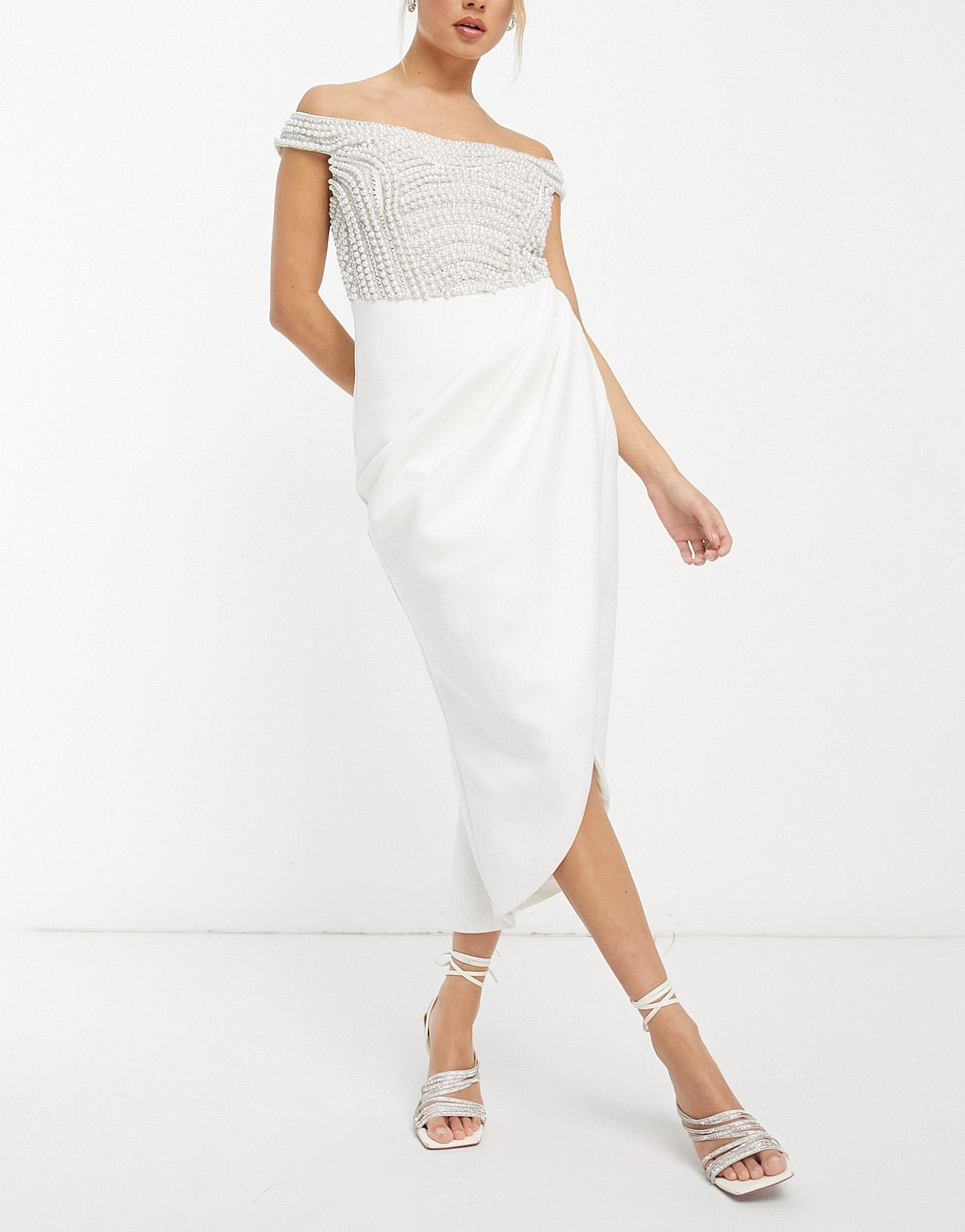 ASOS DESIGN pearl embellished off shoulder wrap midi dress in white ASOS Sample Sale