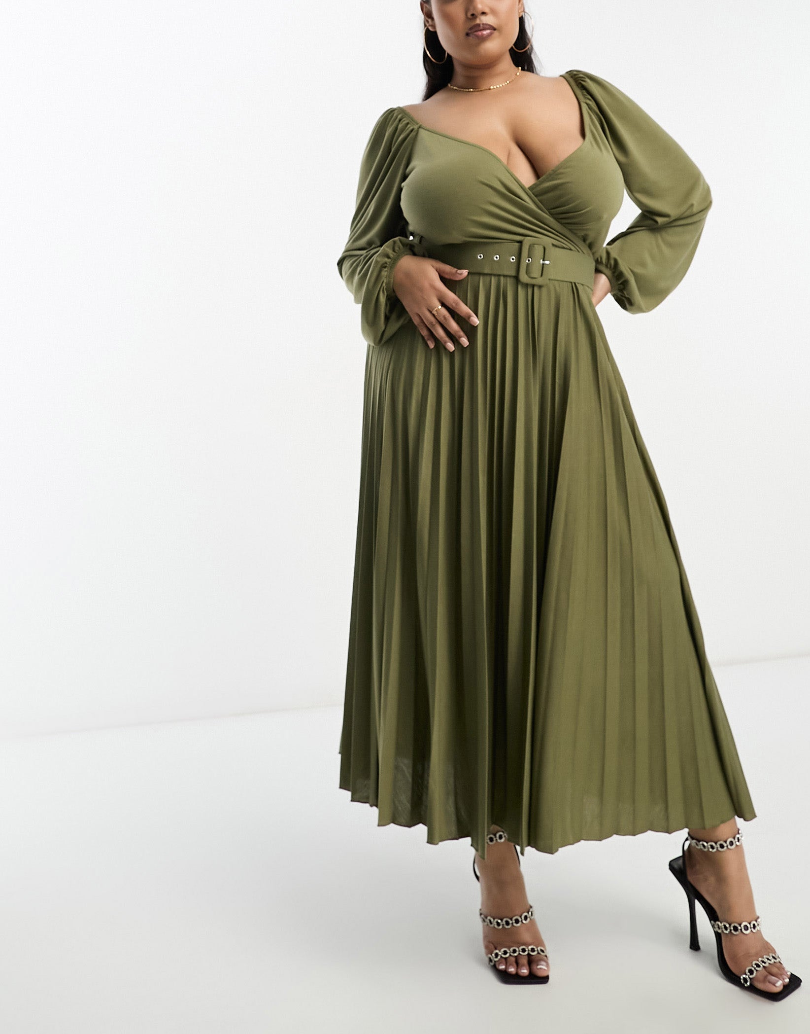 ASOS DESIGN Curve wrap front midi dress with pleat skirt and belt in k –  ASOS Sample Sale