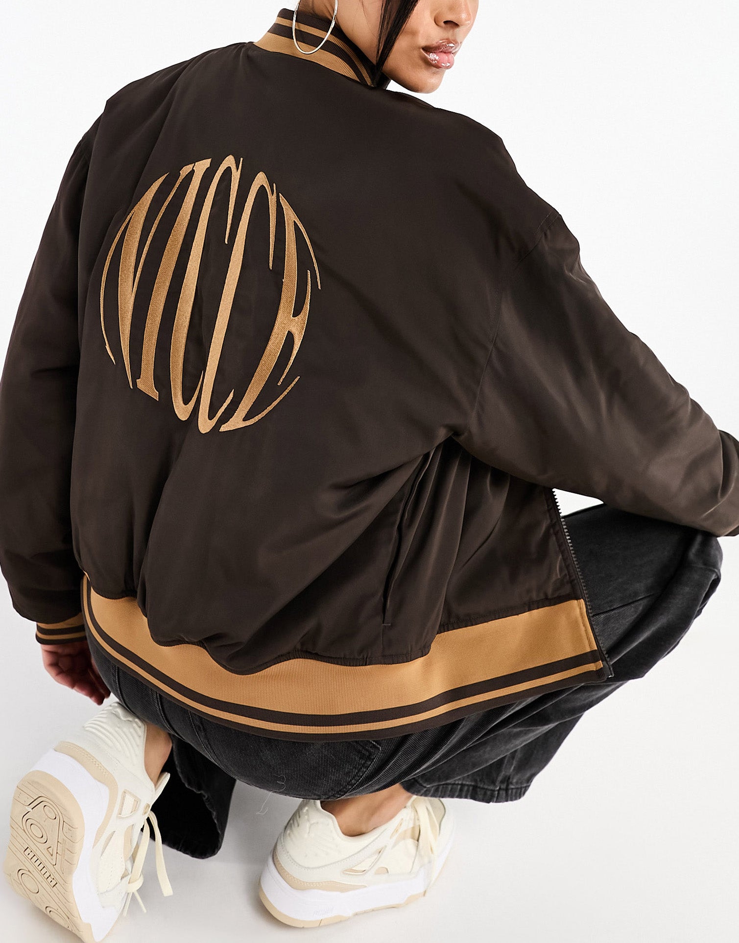 Nicce able bomber jacket in dark brown with back embroidered logo ASOS Sample Sale