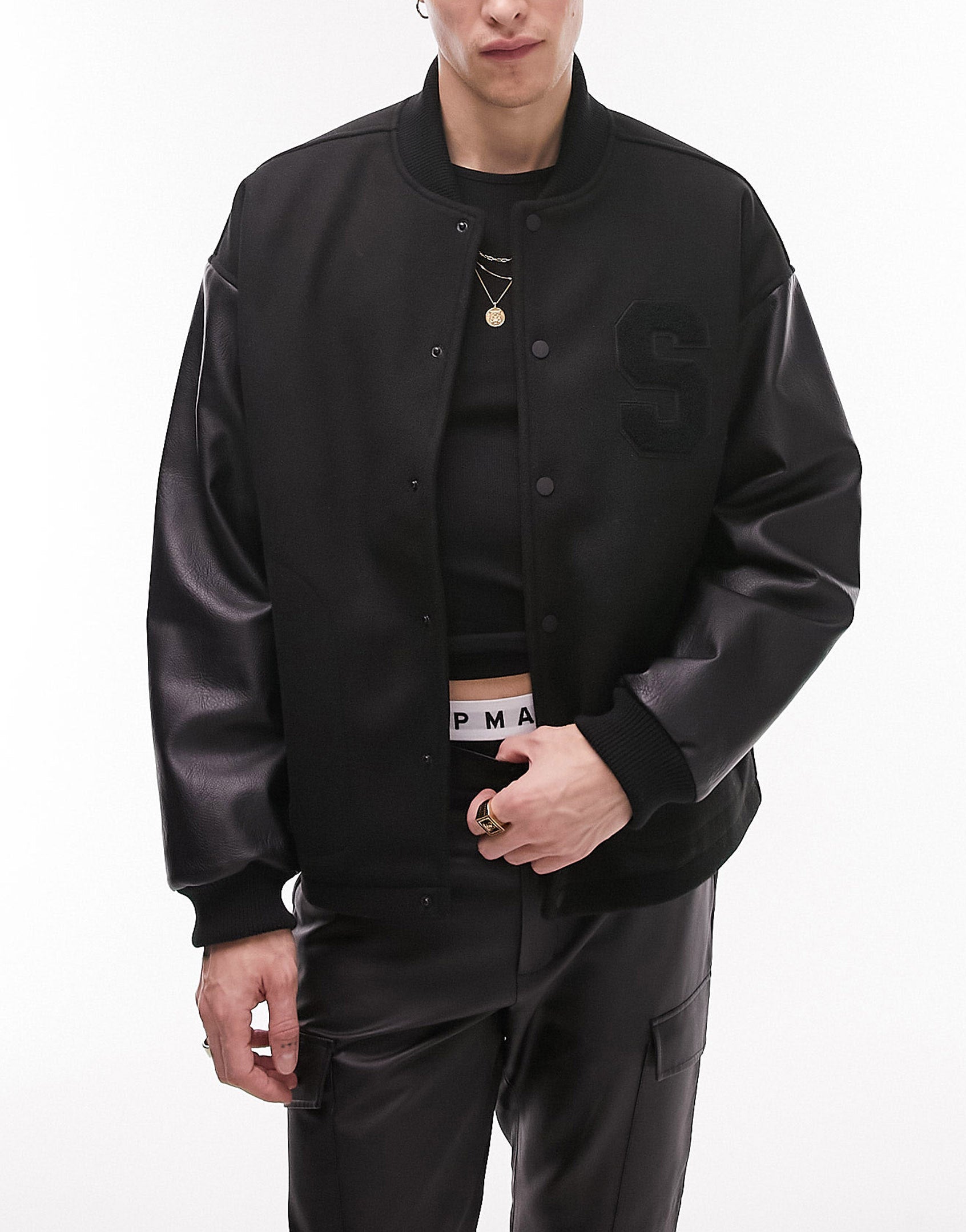 TOPMAN Real Leather Varsity Jacket With Patches in Black for Men