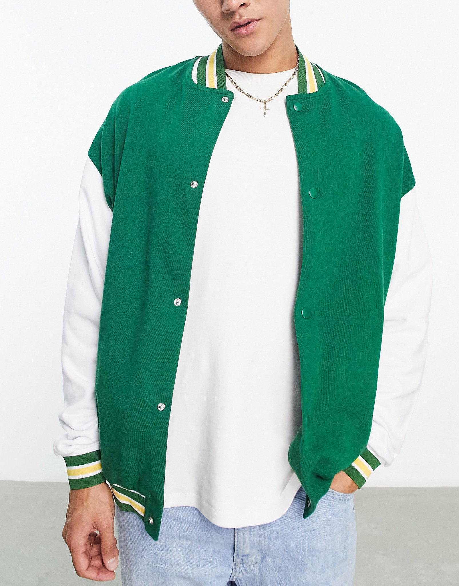 ASOS DESIGN oversized varsity bomber jacket in green – ASOS Sample Sale