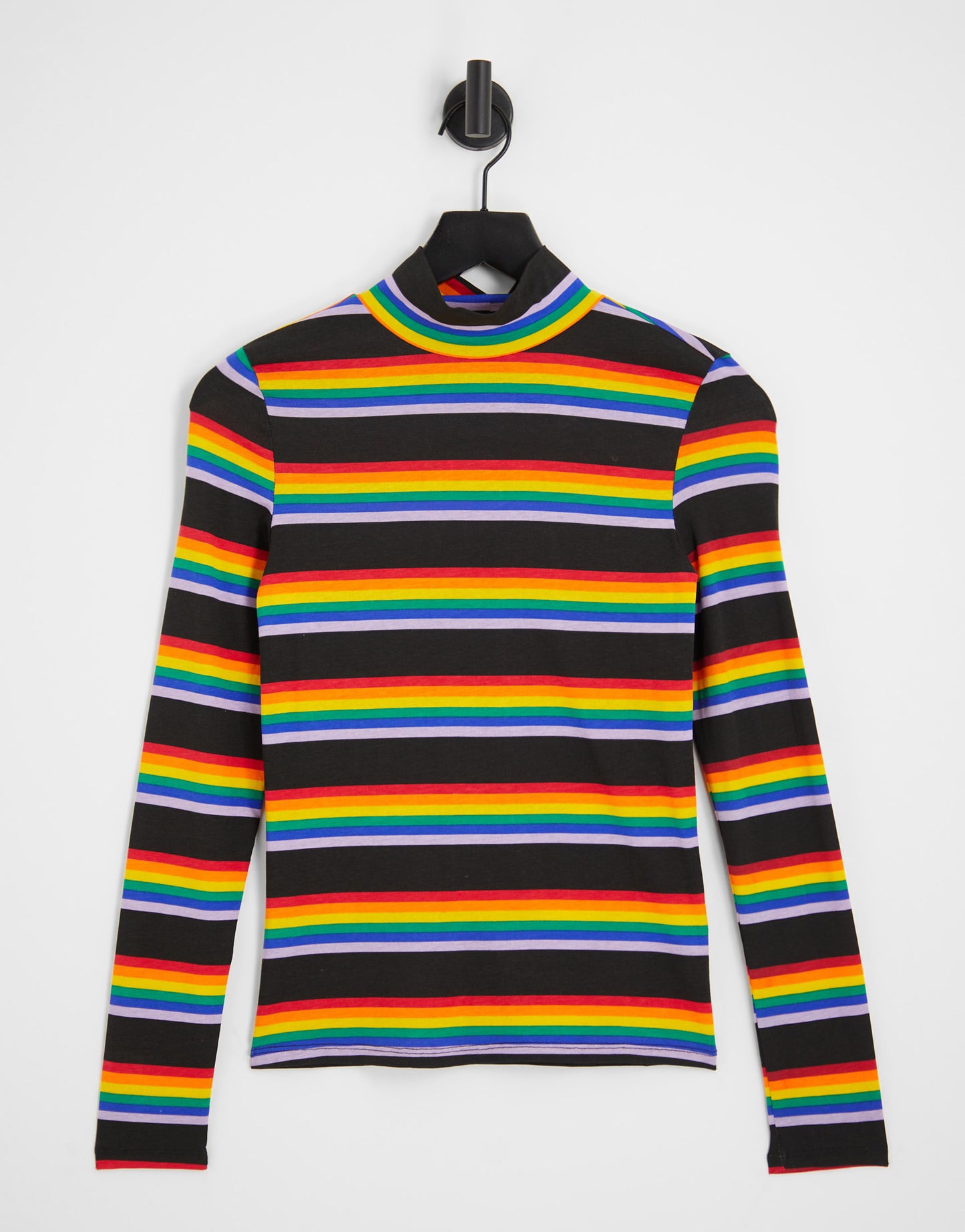 Monki rainbow stripe roll jersey top in black