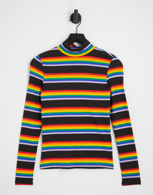 Monki rainbow stripe roll jersey top in black