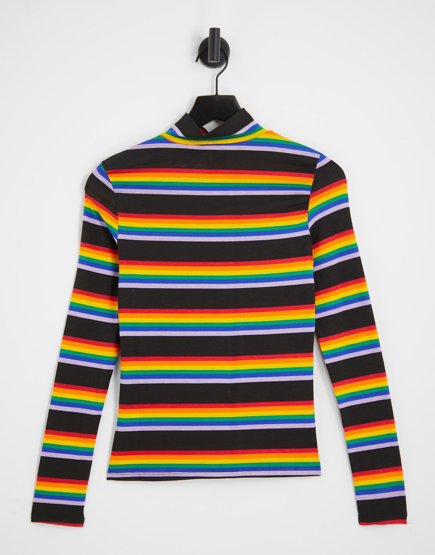 Monki rainbow stripe roll jersey top in black