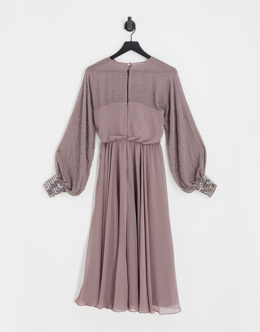 ASOS DESIGN midi dress with linear yoke embellishment in mauve