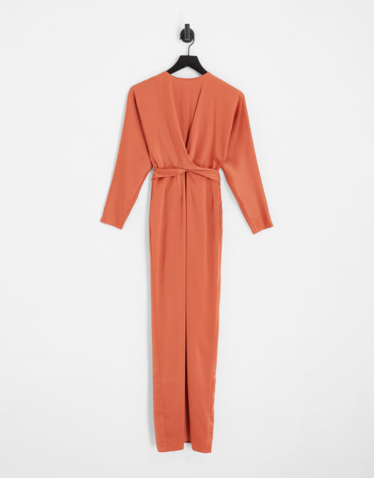 ASOS DESIGN satin maxi dress with batwing sleeve and wrap waist in rust