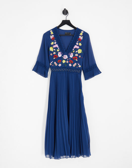 ASOS DESIGN lace insert pleated midi dress with embroidery in navy