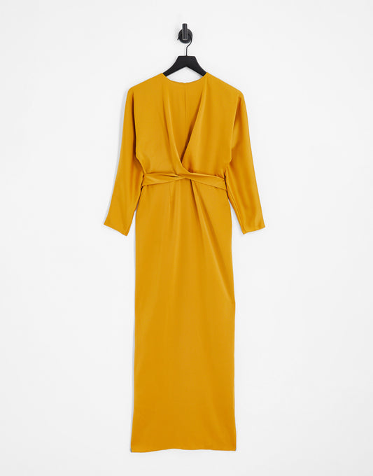 ASOS DESIGN satin maxi dress with batwing sleeve and wrap waist in mustard