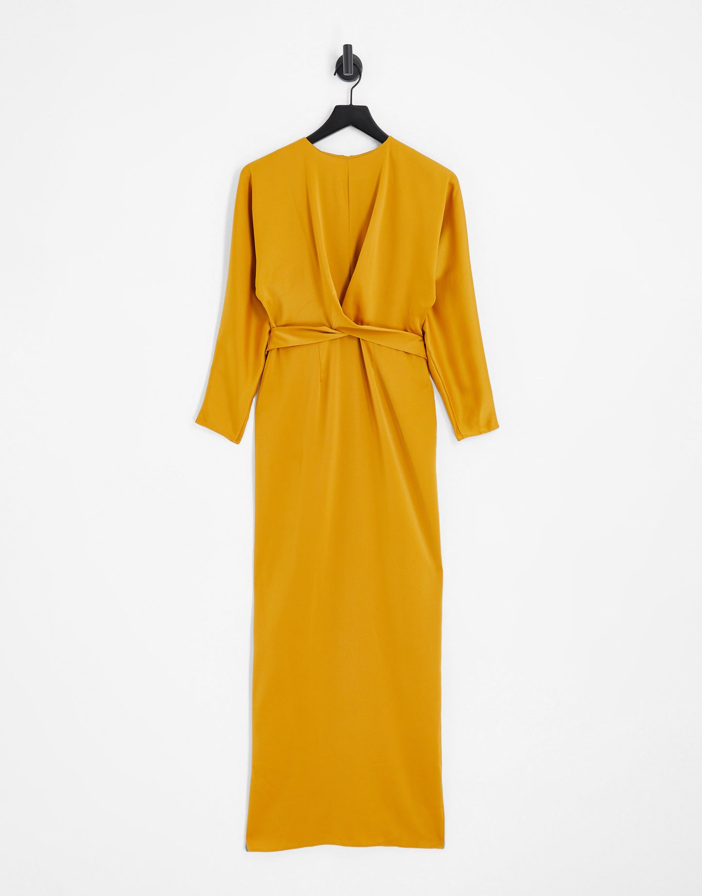 ASOS DESIGN satin maxi dress with batwing sleeve and wrap waist in mustard