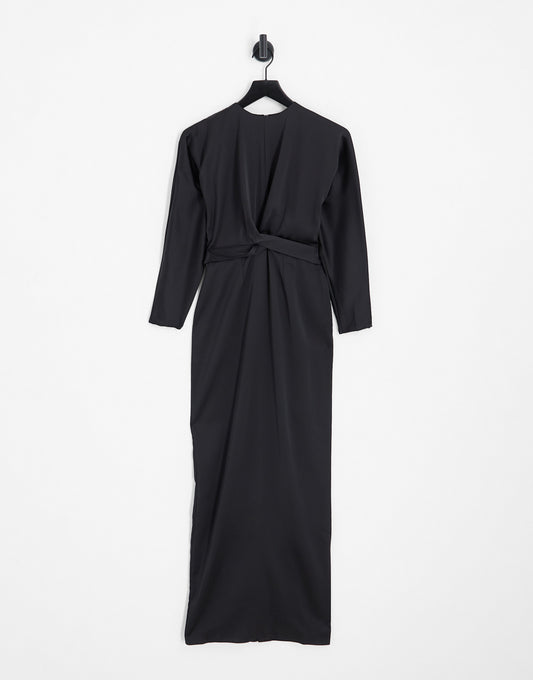 ASOS DESIGN satin maxi dress with batwing sleeve and wrap waist in black