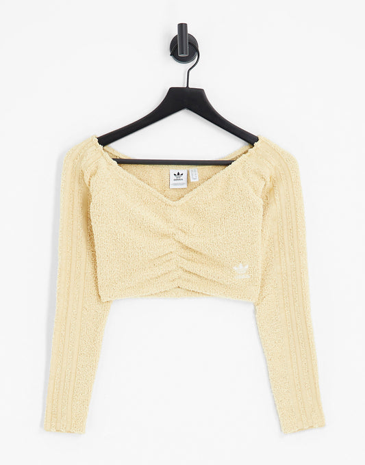 adidas Originals 'Relaxed Risqué' fluffy knit rouched crop long sleeve top in beige