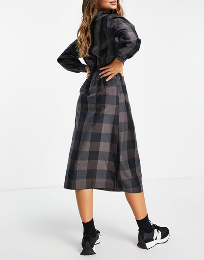 & Other Stories statement collar check dress in black and brown