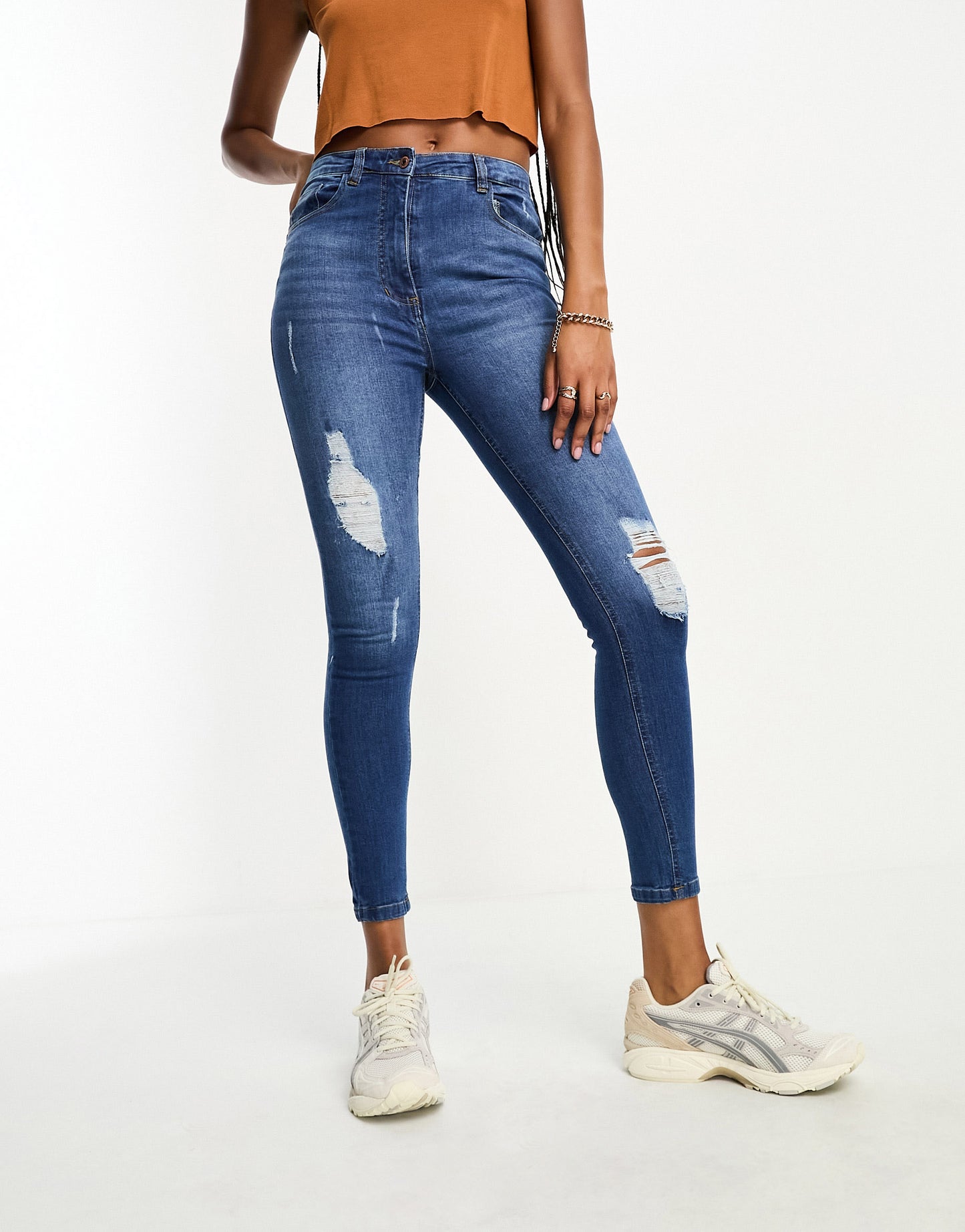 Parisian Tall skinny jeans with rips in mid wash blue