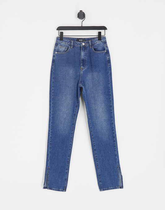 Missguided high waisted Wrath straight leg jean with split hem in blue