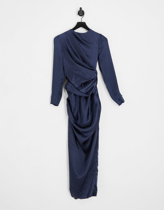 ASOS DESIGN satin high drape neck maxi with long sleeves in navy