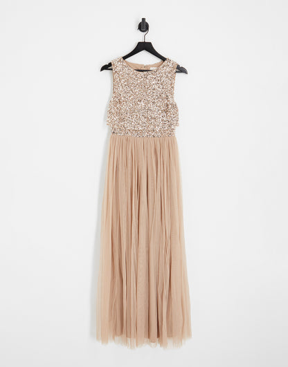 Maya Bridesmaid 2 in 1 maxi tulle dress with tonal delicate sequin in taupe blush