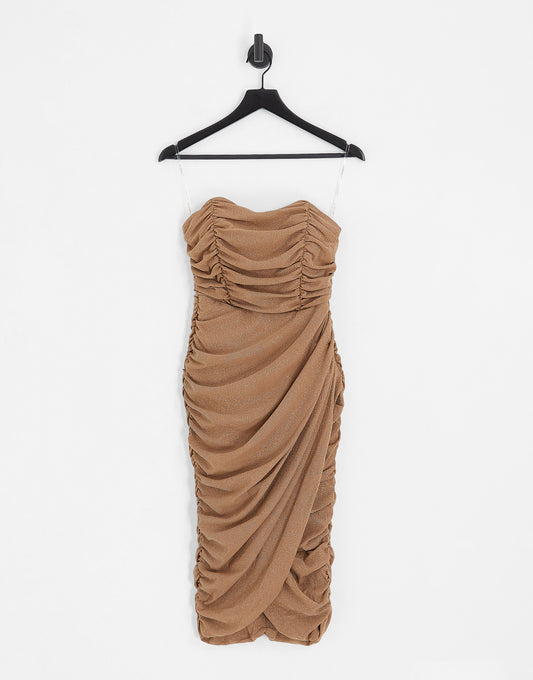 Rare London mesh drape wrap detail corset midi dress in brown glitter