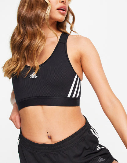 adidas Training 3 stripe ribbed racer back medium support sports bra in black