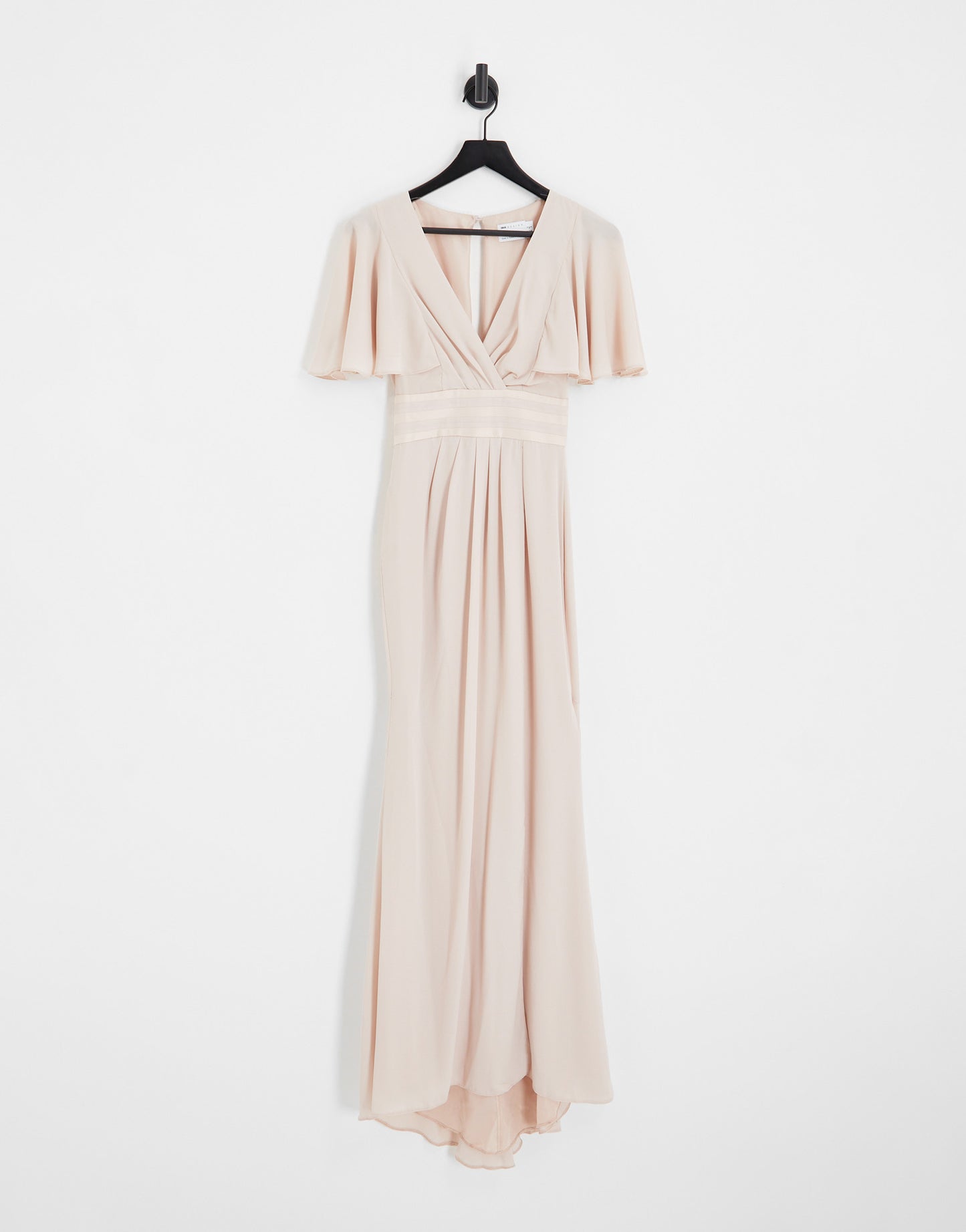 ASOS DESIGN Bridesmaid flutter sleeve maxi dress with satin trim detail and wrap skirt