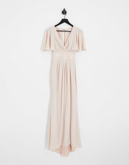 ASOS DESIGN Bridesmaid flutter sleeve maxi dress with satin trim detail and wrap skirt