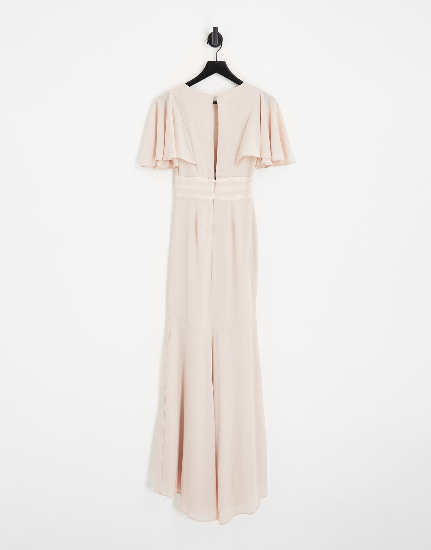 ASOS DESIGN Bridesmaid flutter sleeve maxi dress with satin trim detail and wrap skirt