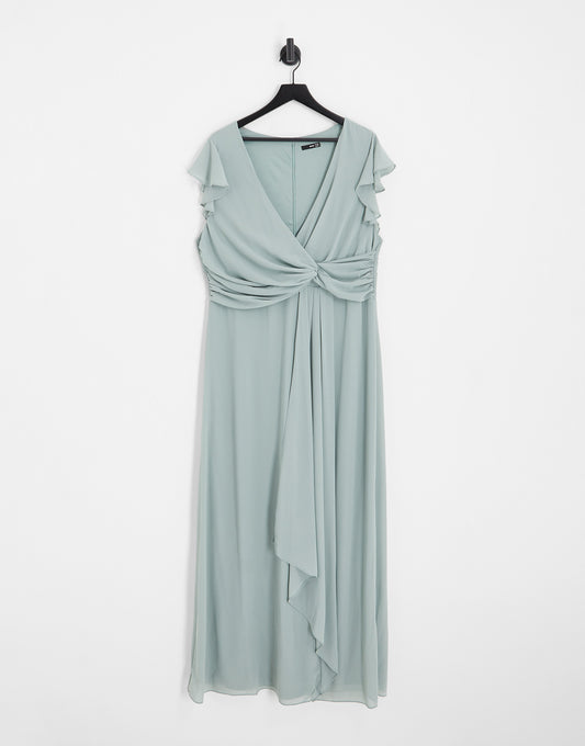 TFNC Plus Bridesmaid flutter sleeve ruffle detail maxi dress in sage