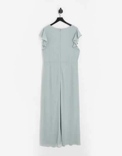 TFNC Plus Bridesmaid flutter sleeve ruffle detail maxi dress in sage