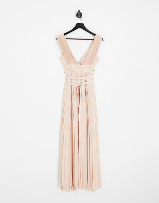 ASOS DESIGN Bridesmaid pleated cami maxi dress with satin wrap waist in soft pink- PINK