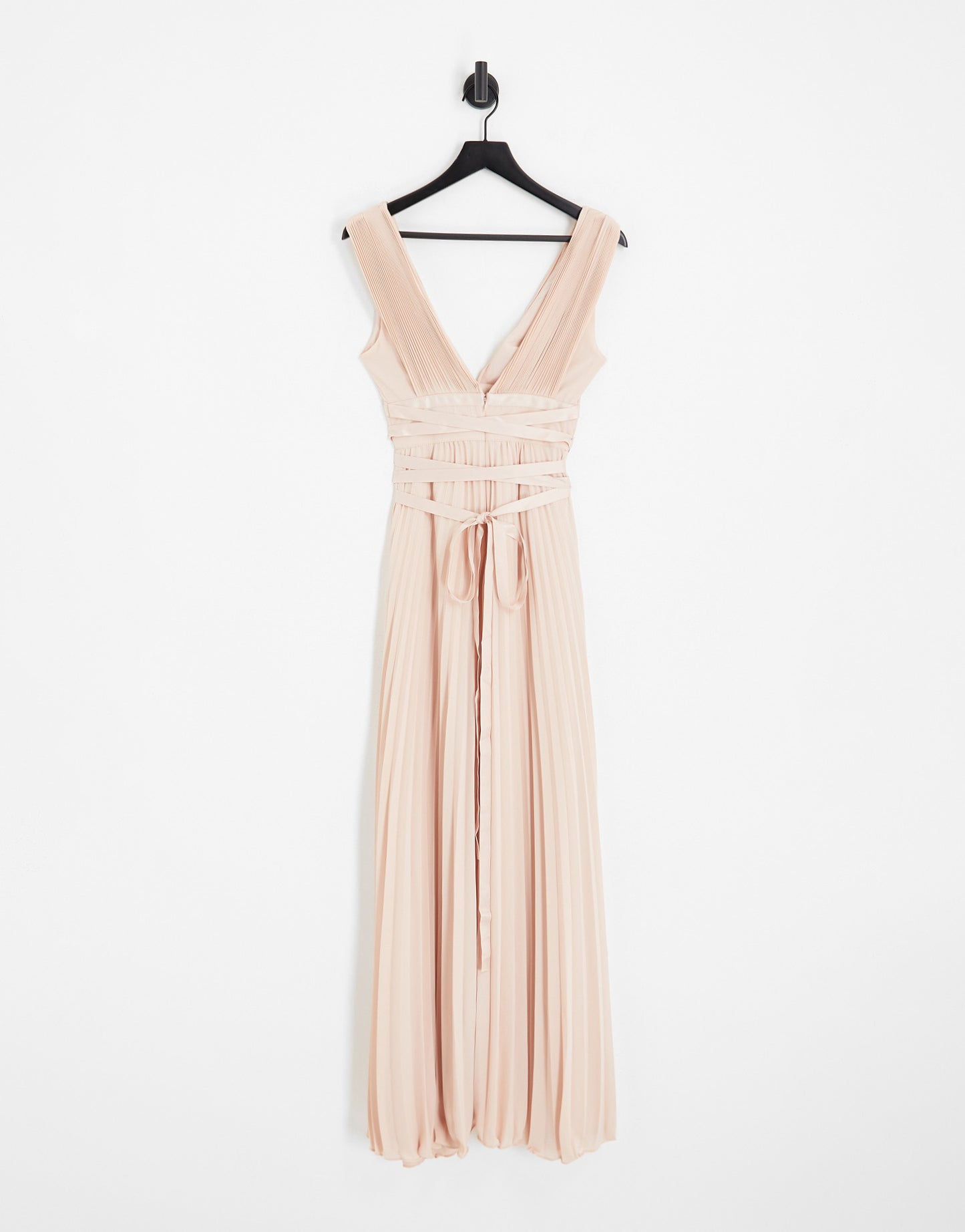 ASOS DESIGN Bridesmaid pleated cami maxi dress with satin wrap waist in soft pink- PINK