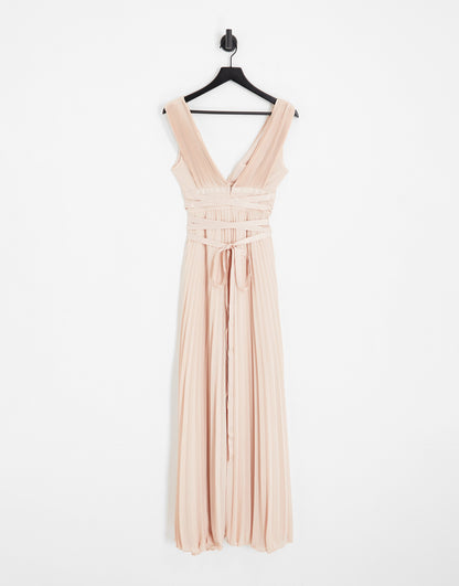 ASOS DESIGN Bridesmaid pleated cami maxi dress with satin wrap waist in soft pink- PINK