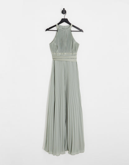 ASOS DESIGN Bridesmaid pleated pinny maxi dress with satin wrap waist