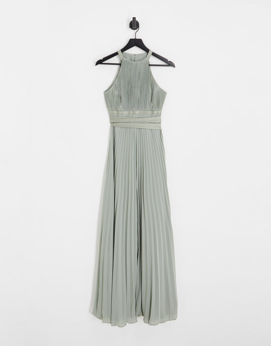 ASOS DESIGN Bridesmaid pleated pinny maxi dress with satin wrap waist