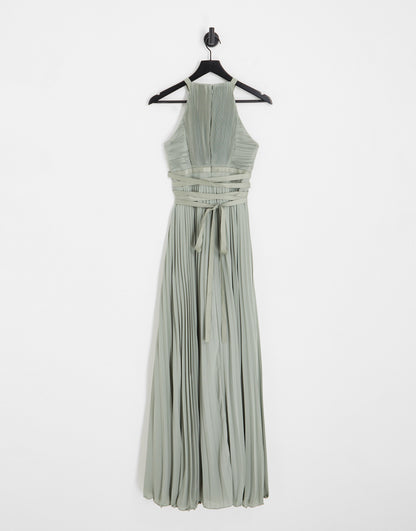 ASOS DESIGN Bridesmaid pleated pinny maxi dress with satin wrap waist