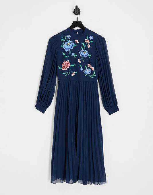 ASOS DESIGN high neck pleated long sleeve skater midi dress with embroidery in navy