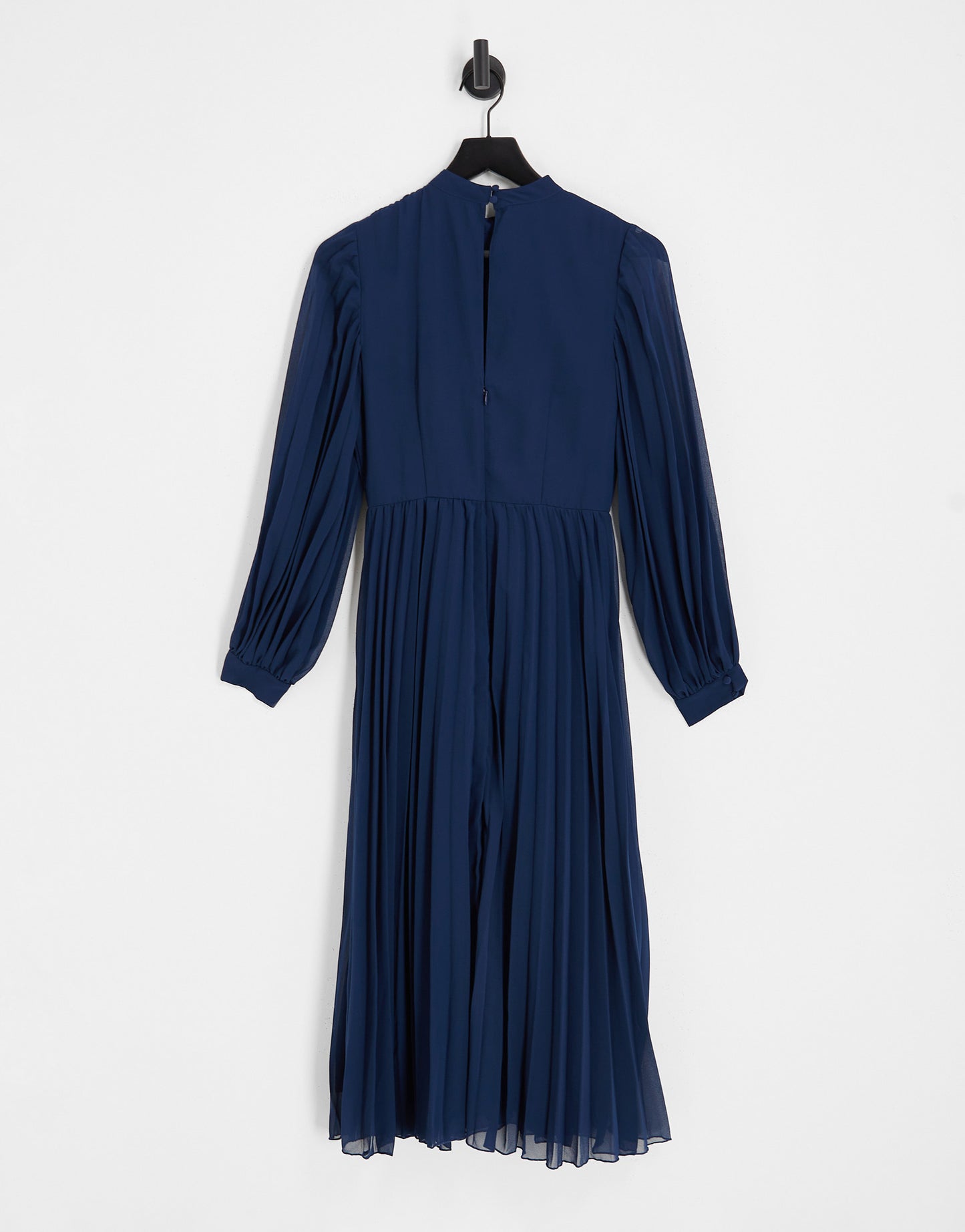 ASOS DESIGN high neck pleated long sleeve skater midi dress with embroidery in navy