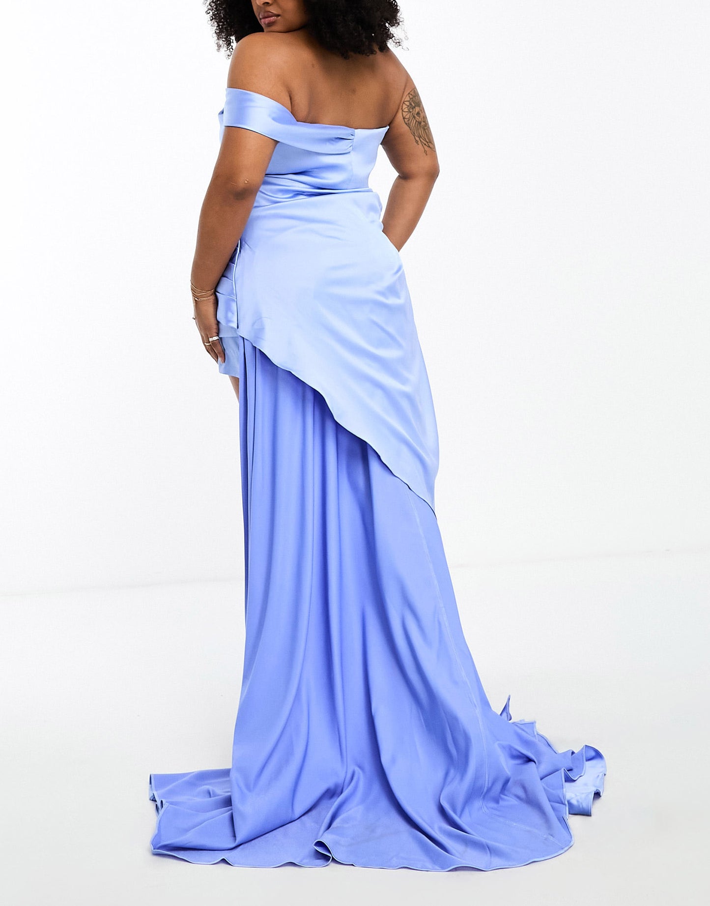 Yaura Plus off shoulder twist bardot high low maxi dress in blue