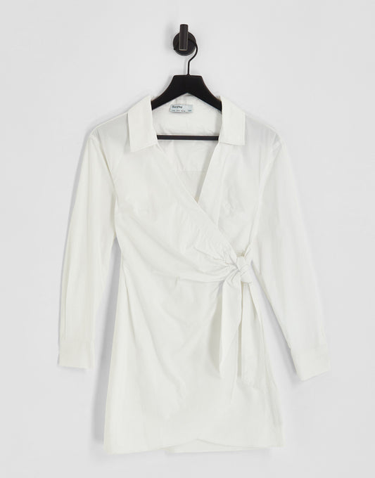 Bershka plunge v neck wrap dress in white