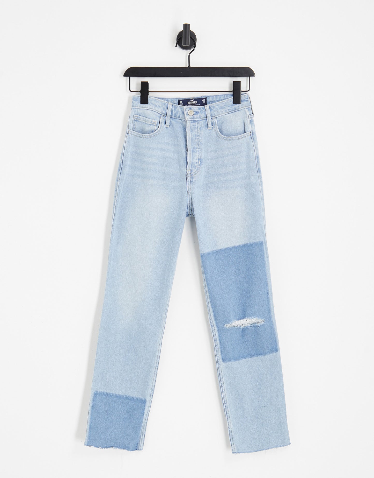 Hollister patchwork ripped straight leg jeans in light blue wash