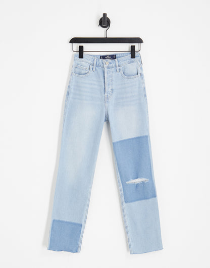 Hollister patchwork ripped straight leg jeans in light blue wash