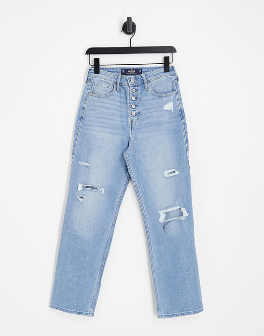 Hollister straight leg ripped knee jeans in mid blue wash