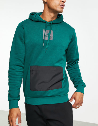 adidas Training fleece hoodie with colour block pocket in dark green