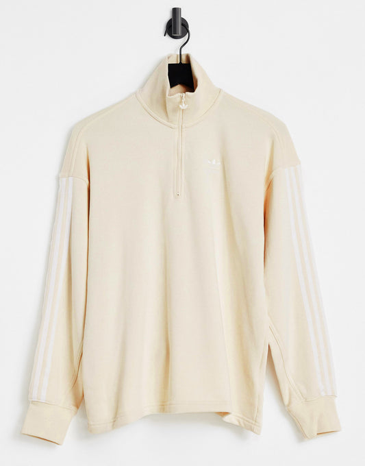 adidas Originals adicolor three stripe quarter zip sweatshirt in oatmeal