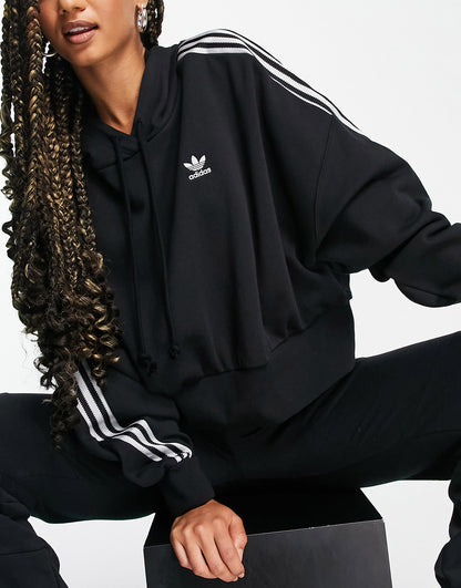 adidas Originals adicolor three stripe satin look hoodie in black