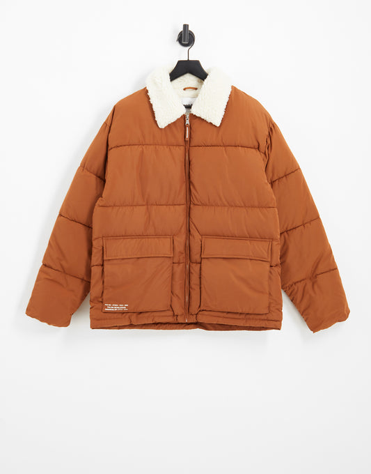 Topman puffer with borg collar in brown