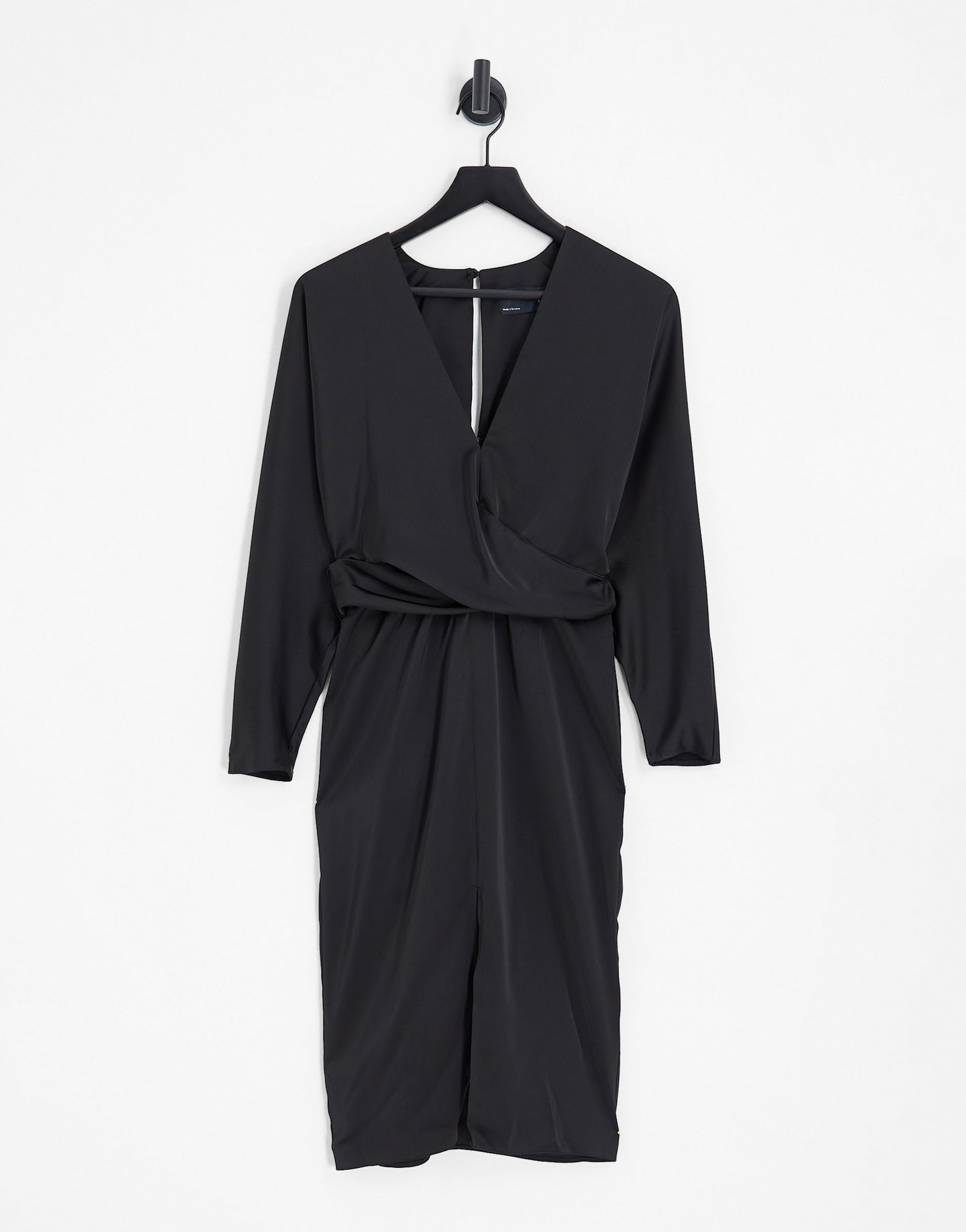 ASOS DESIGN satin midi dress with batwing sleeve and wrap waist in black