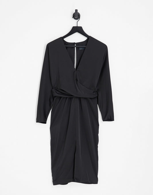 ASOS DESIGN satin midi dress with batwing sleeve and wrap waist in black