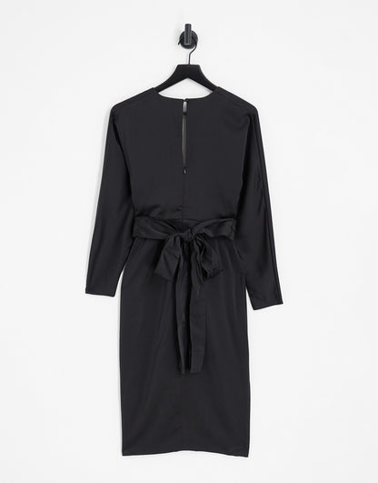 ASOS DESIGN satin midi dress with batwing sleeve and wrap waist in black