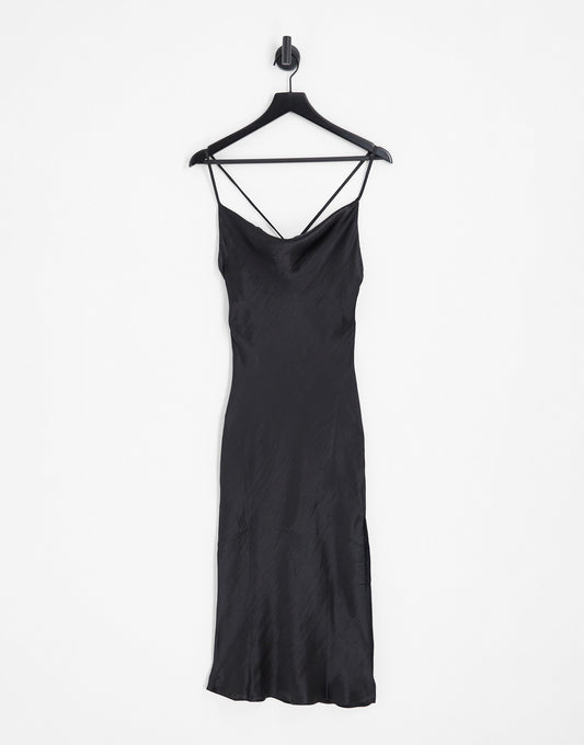 ASOS DESIGN cami midi slip dress in high shine satin with lace up back in black